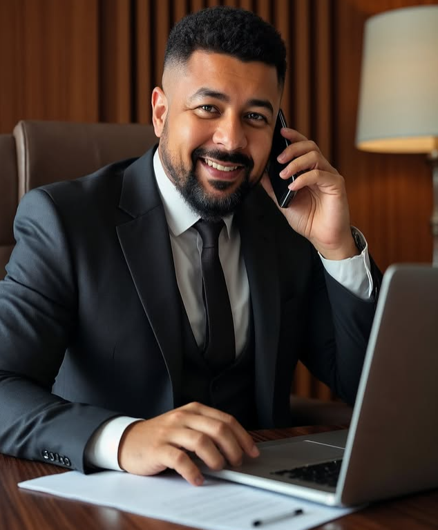 Dr. Samuel Affonso atendendo um cliente por telefone em seu escritório de advocacia